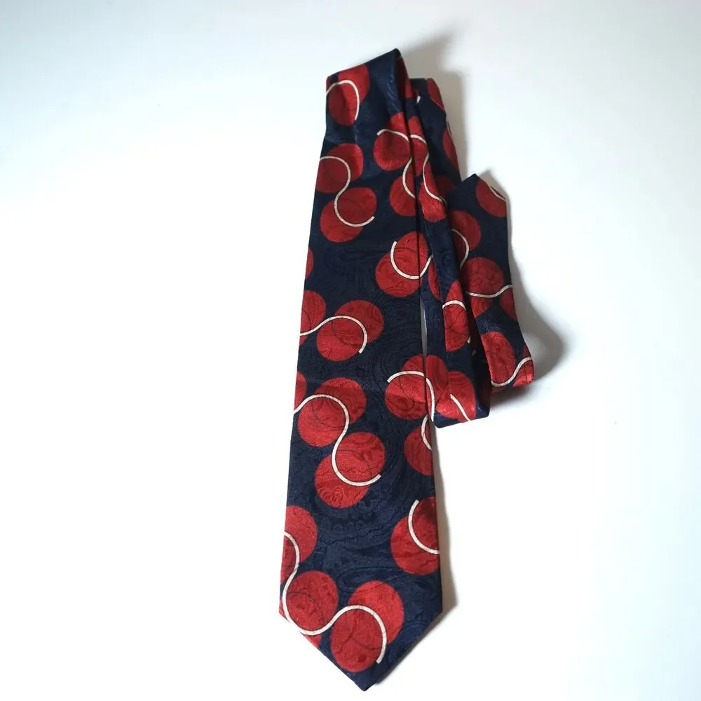 Pierre Balmain Neck Tie Navy Blue Geometric Red White Circular Pattern